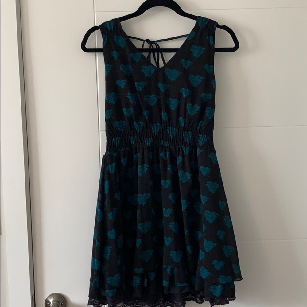 Bar III black dress blue heart detail. Lace trim
